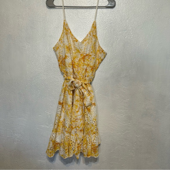 Express Printed Eyelet V Neck Tie Waist Tiered Trapeze Dress - Picture 2 of 10